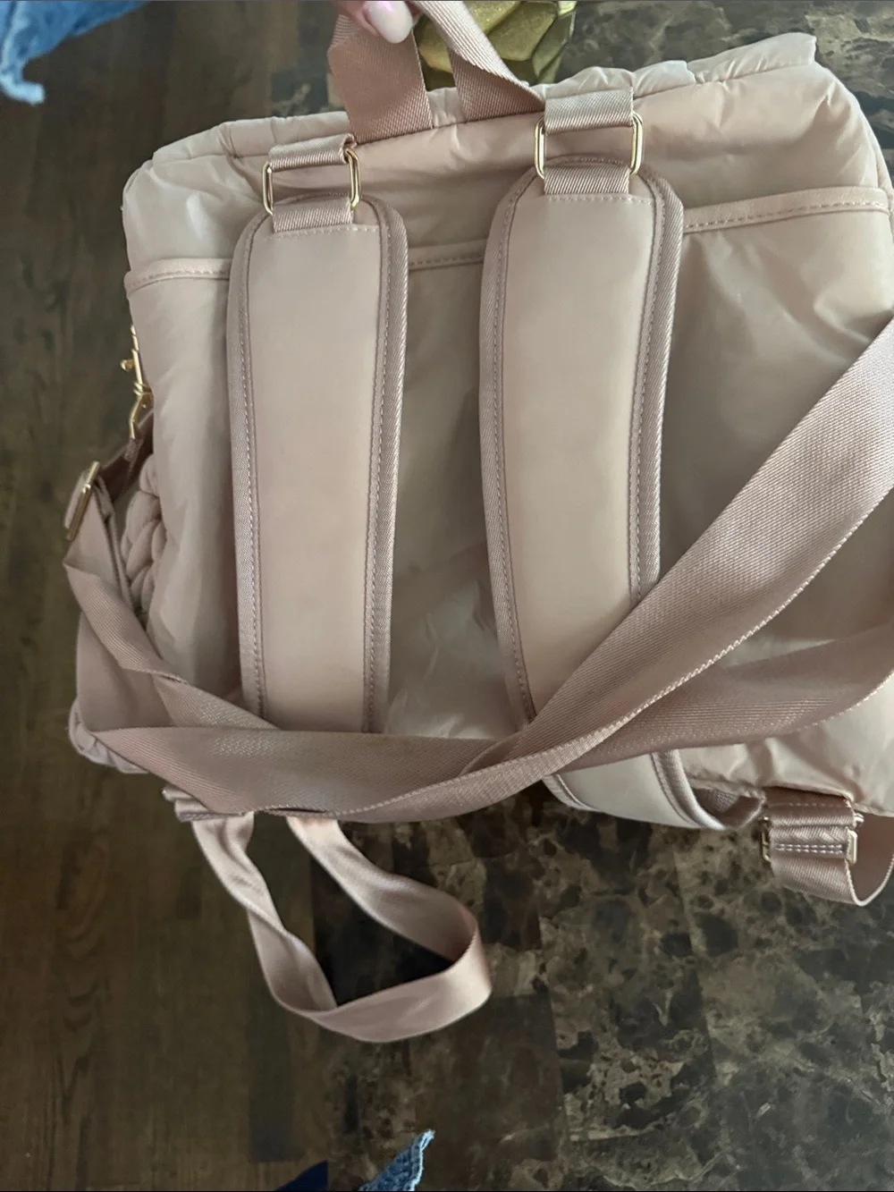 Soft Pink Quilted Knit Backpack with Gold Accent